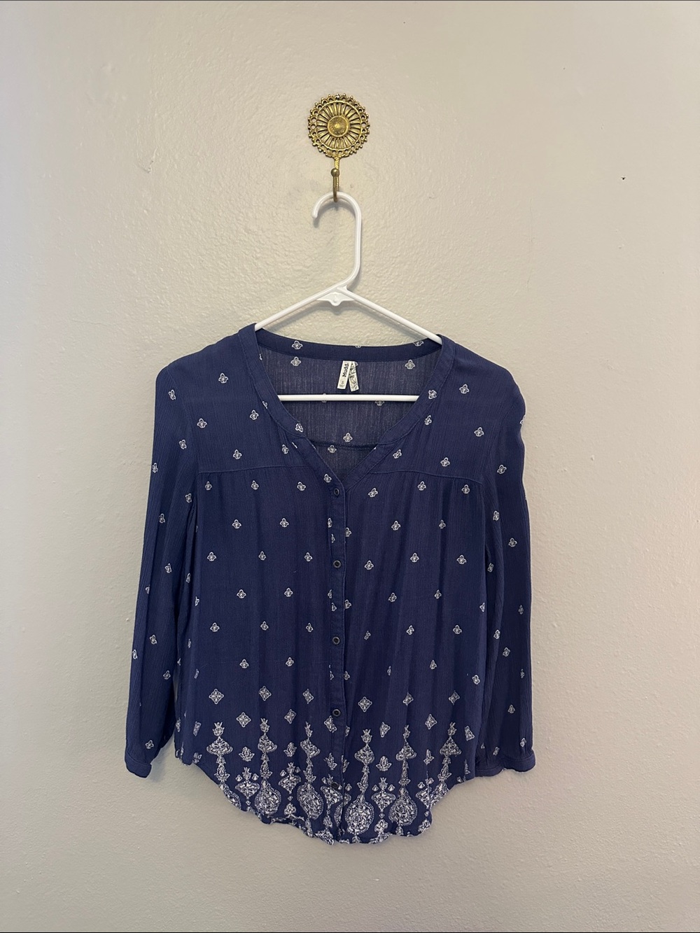 Mudd Navy Button-Down Printed Peasant Blouse
